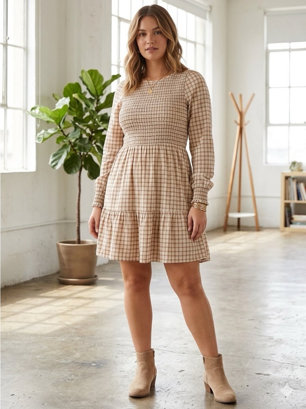 American Eagle Outfitters Beige Plaid Smocked Long-Sleeve Mini Dress